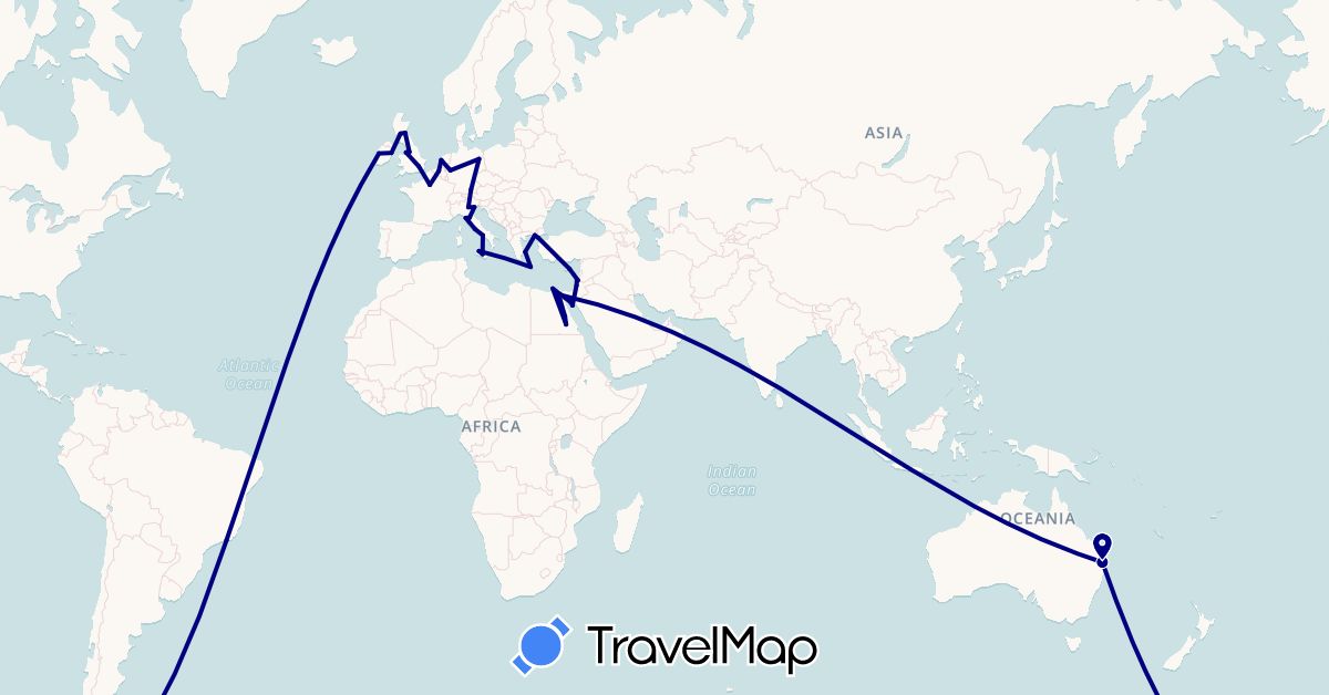 TravelMap itinerary: driving in Australia, Belgium, Brazil, Cyprus, Germany, Egypt, France, United Kingdom, Greece, Ireland, Israel, Italy, Netherlands, Turkey (Africa, Asia, Europe, Oceania, South America)